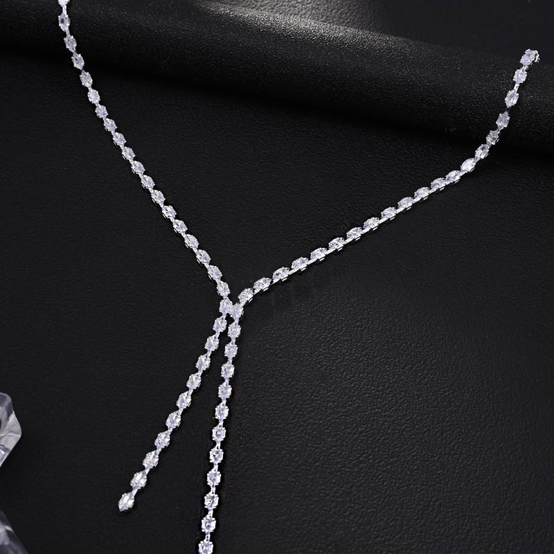 STONEFANS Long Tennis Necklaces for Women - Dainty Silver Lariat Necklace Rhinestone Y Shaped Drop Necklace Cute Choker Necklaces for Women Trendy Silver Prom Jewelry Gifts - Image 5
